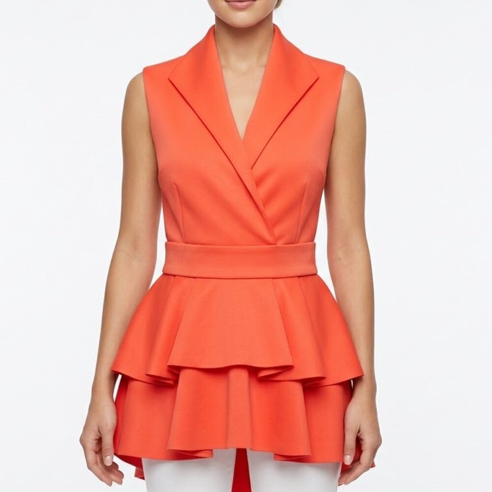 VENUS Orange Tiered Ruffle Peplum Top Sleeveless V-Neck Tuxedo Collar Plus 2X